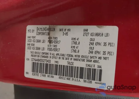 2005 Dodge Dakota Slt z USA, uszkodzony, nr VIN 1D7HW48N55S273493